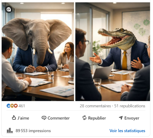 Illustration : un commercial « éléphant » qui écoute face à un commercial « crocodile » qui parle, en réunion d'affaires